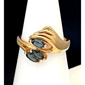 Vintage Ring Size 8 Victorian Style Hand Holding Blue Crystal 14K Gold Plate 14Y